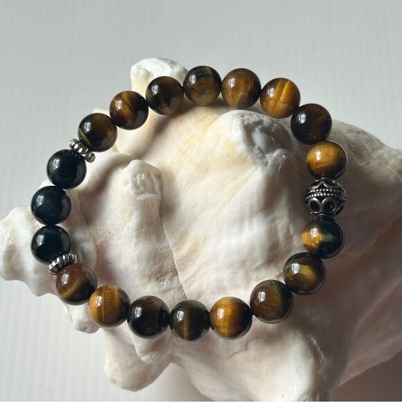 Yellow and navy Tiger Eye Beaded Bracelet 10mm sterling silver 17-19cm wrist - Picture 5 of 7